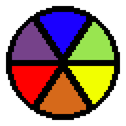 A secondary color wheel, including the three primary colors and the three colors created by mixing them.