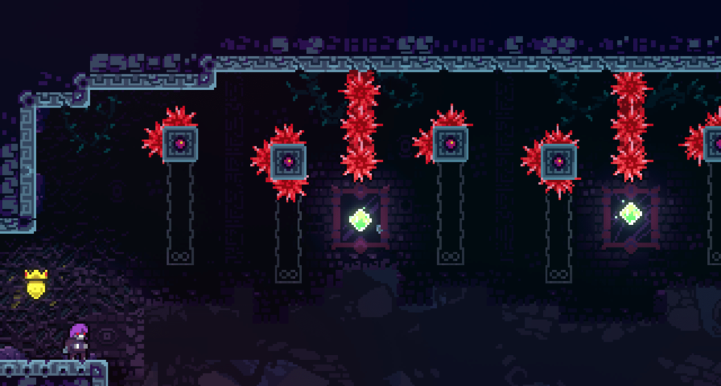 One of the C-side levels of the Mirror Temple chapter of Celeste, the 2d platformer video game.