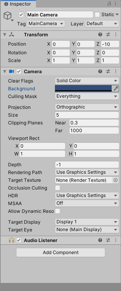 A screenshot of Unity's Inspector window, with the Main Camera object selected.