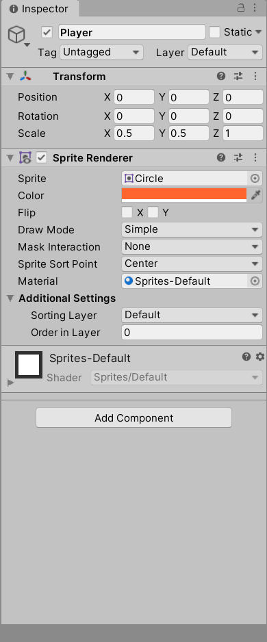 A screenshot of Unity's Inspector, focusing on a Player object, which has a Sprite Renderer added on it.